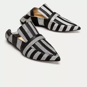 ZARA NWT BLACK/GREY FLAT MULE LOAFERS SIZE 9